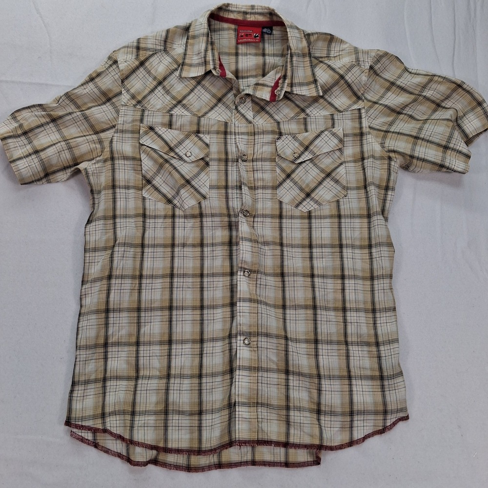 Quiksilver Shirt Mens Large J309106 Tan Black Plaid Western Snap EUC